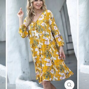 Mustard Yellow Floral Boho Midi Dress | Tassel Tie Rayon Cottagecore M